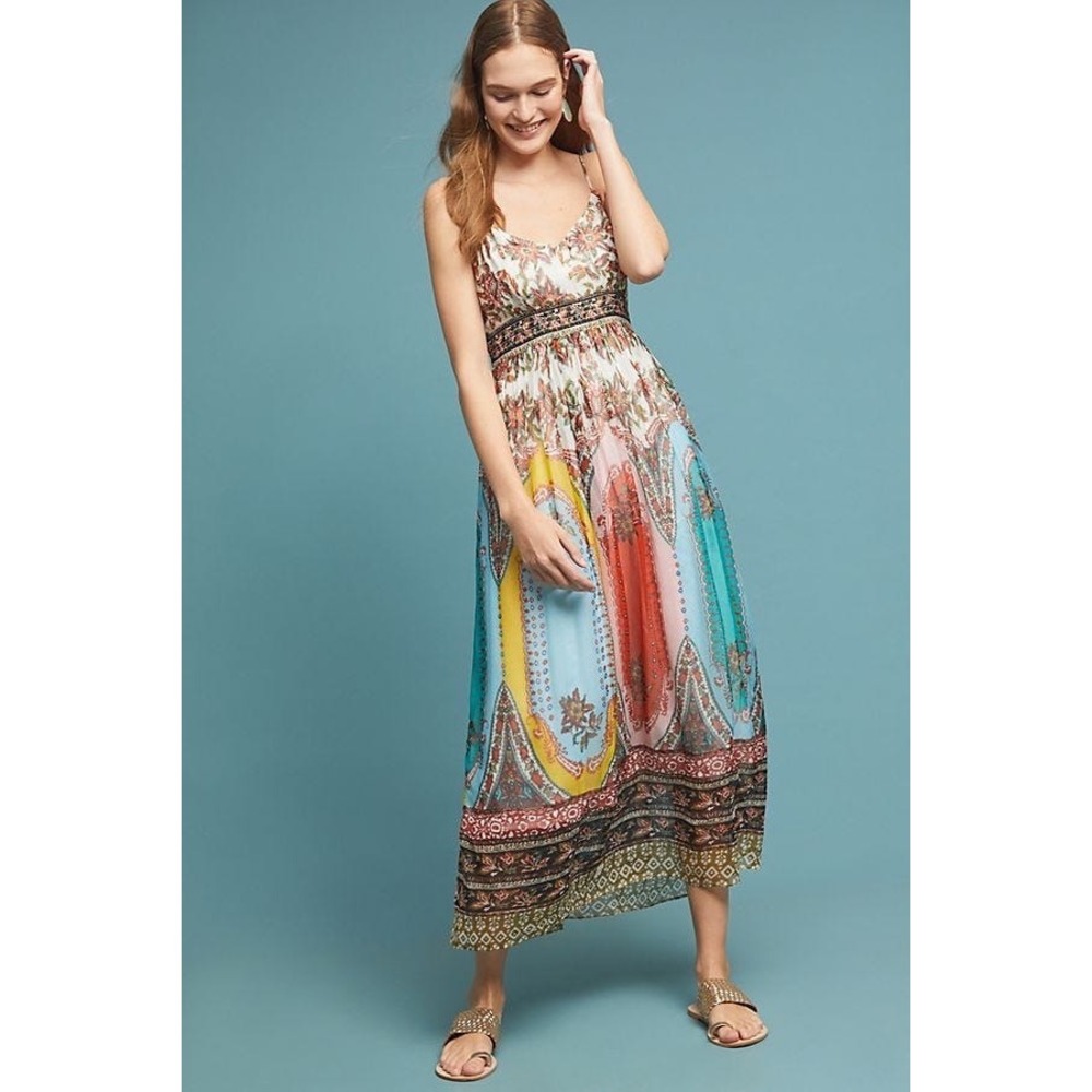 Anthropologie Virginia Maxi Dress Womens‎ 0 Boho Paisley Smocked Cupro